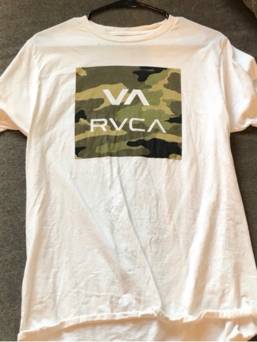 RVCA White Tee with Green Camo Logo